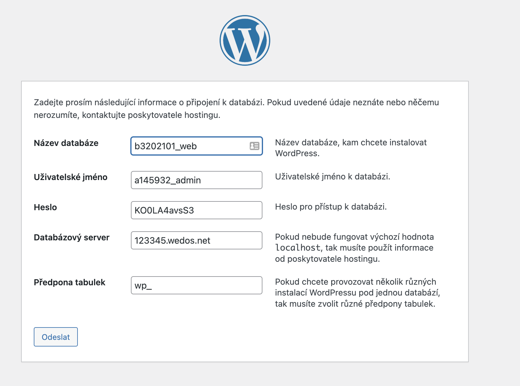 Ukázkové vyplnění instalace WordPressu
